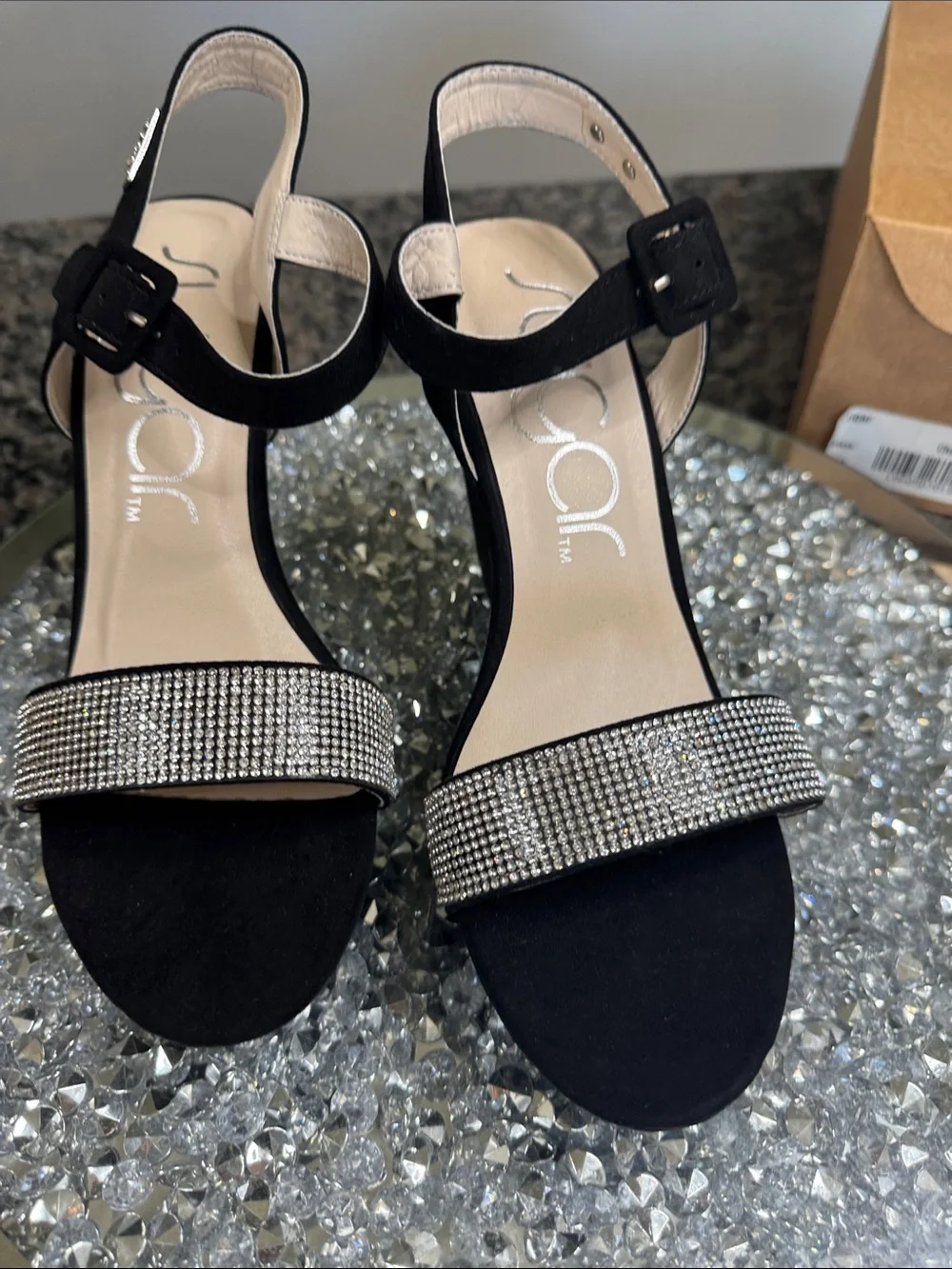 Sugar Black Wedge Sandals with Crystal Front Strap NEW 8.5